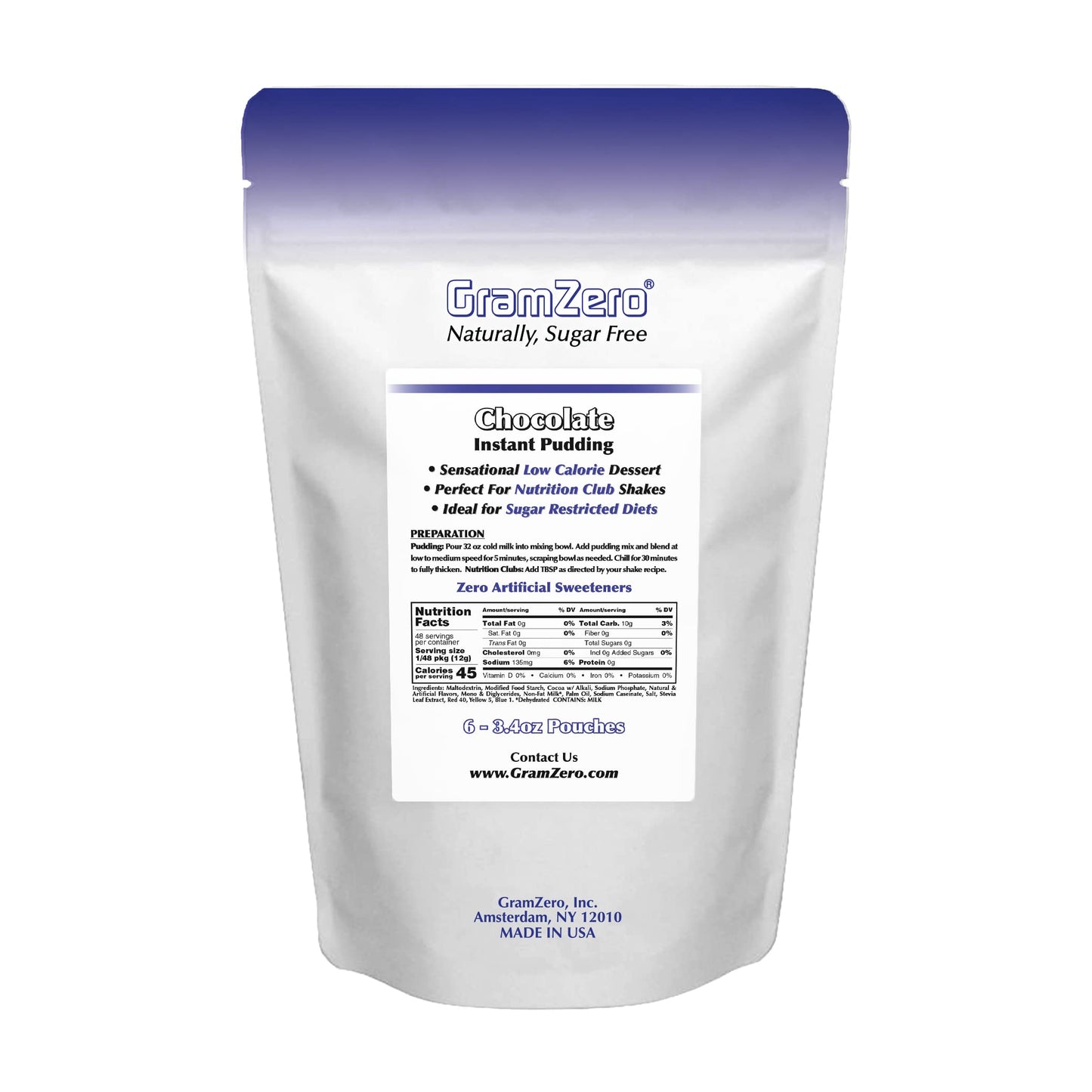 Gramzero Chocolate Sugar Free Pudding Mix 6-Pack, Great For Nutrition Club Meal Replacement Shakes, Low Calorie Dessert, Stevia