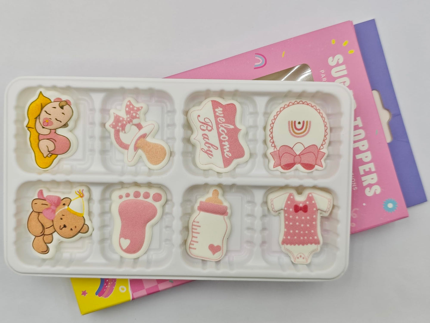 Edible 8 pieces Baby Shower for Baby Girl cake decorations, cupcake toppers, perfect Icing Cookies decro for Birthday Reveal par