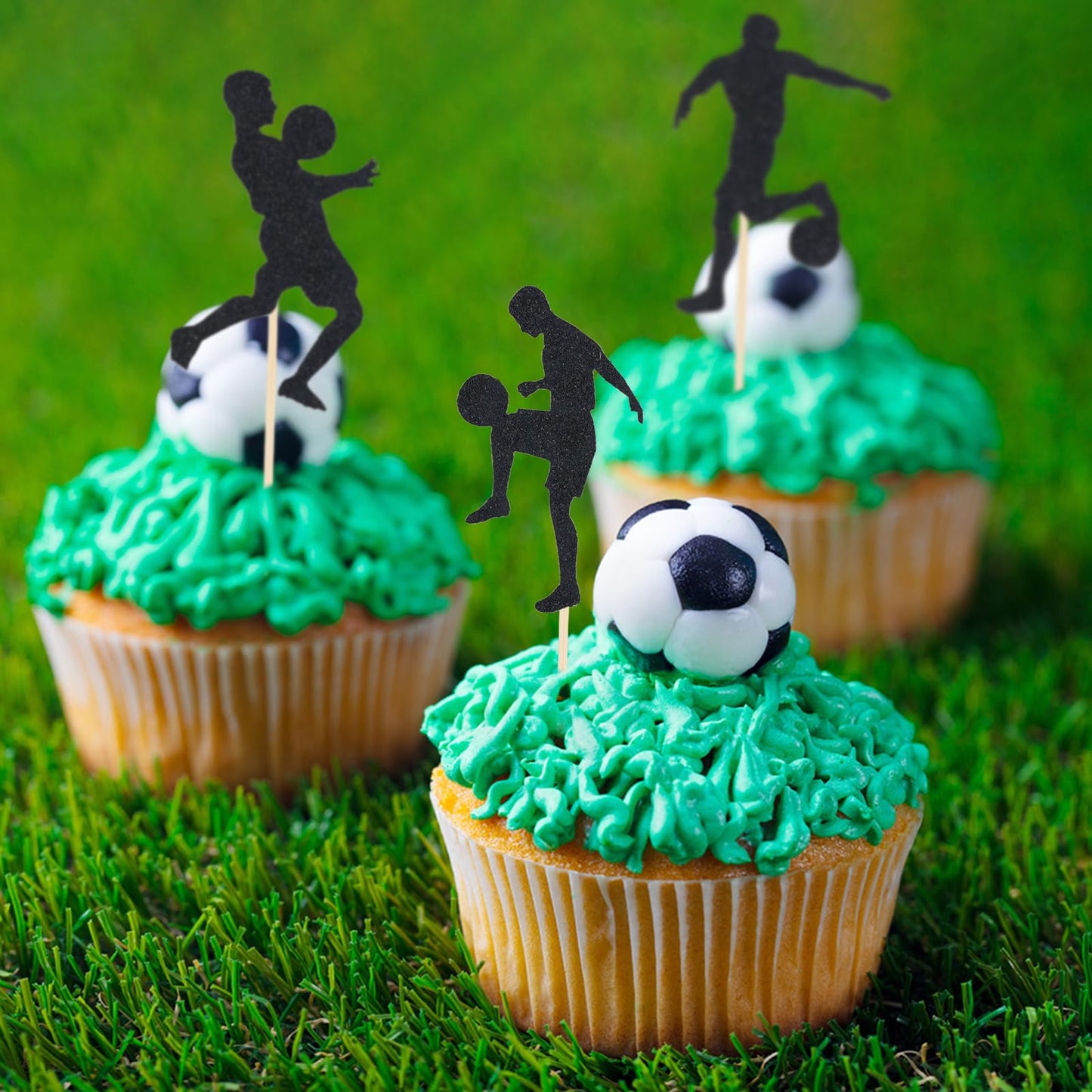 PEUTIER 24pcs Soccer Cupcake Toppers Glitter Soccer Ball Picks for Birthday Party - Black - Model 20012 - Paper