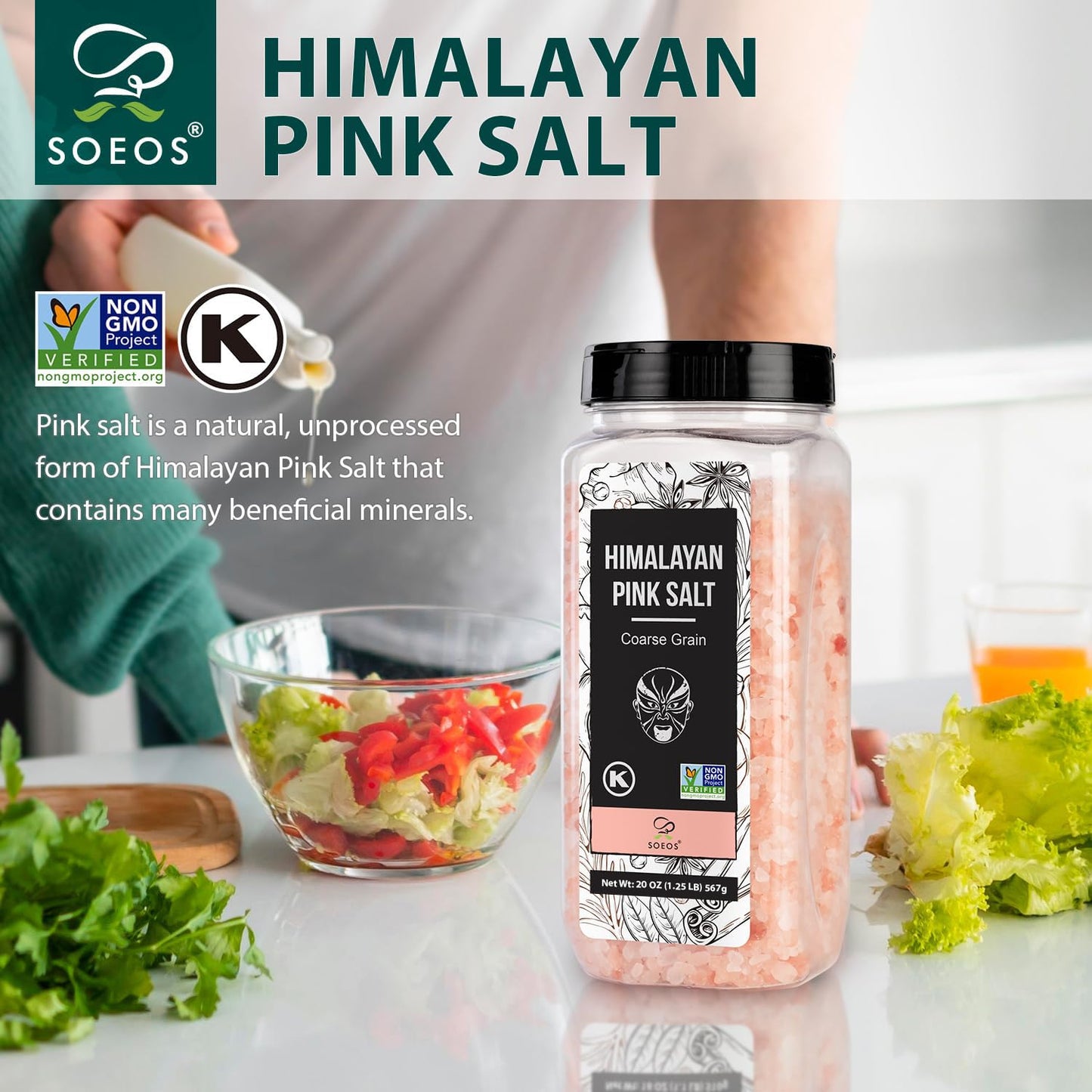 Soeos Himalayan Salt - Coarse Grain, 20 oz, Himalayan Pink Salt, Pure Rock Salt for Grinders and Salt Mills, Kosher & Natural Ce