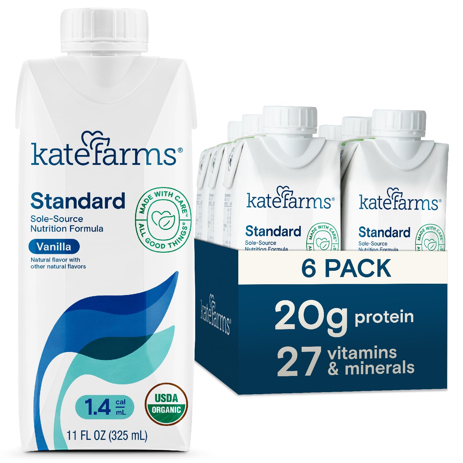 KATE FARMS Organic 1.4 High Calorie Nutrition Shake, Vanilla, 20g Protein, 27 Vitamins and Minerals, Meal Replacement, 11 oz (6 