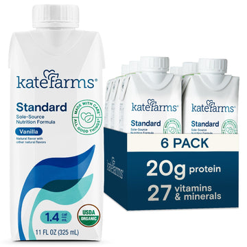 KATE FARMS Organic 1.4 High Calorie Nutrition Shake, Vanilla, 20g Protein, 27 Vitamins and Minerals, Meal Replacement, 11 oz (6 
