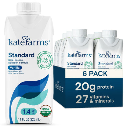 KATE FARMS Organic 1.4 High Calorie Nutrition Shake, Vanilla, 20g Protein, 27 Vitamins and Minerals, Meal Replacement, 11 oz (6 