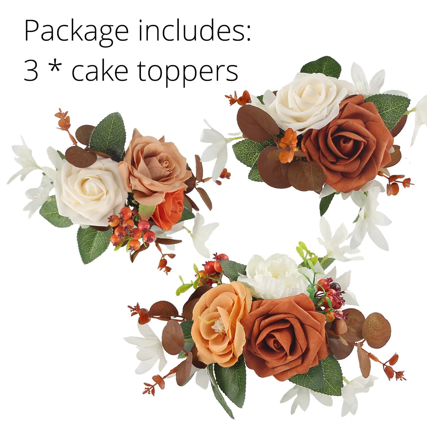 Rinlong 3Pcs Cake Topper Set Artificial Flowers For Cake Decor Burnt Orange Fall Wedding Cake Decorating Flowers For Baby Shower