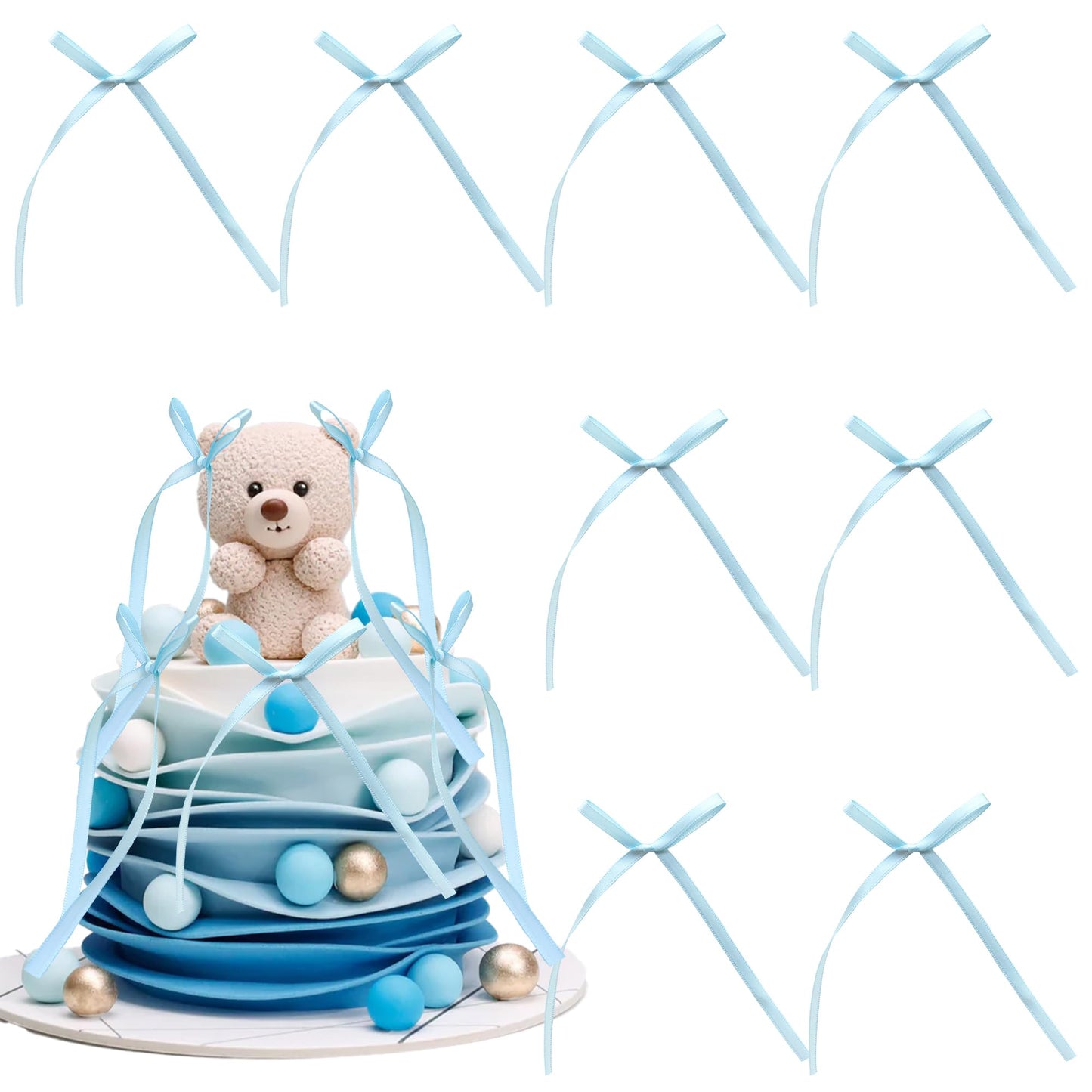 Gyufise Bowknot Cake Toppers, 30Pcs Blue Decorations for Birthday, Baby Shower, Wedding, 2.9 x 5.7 inches