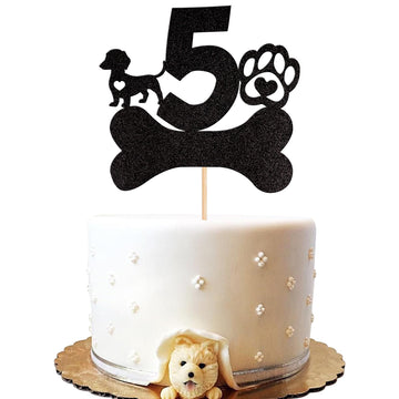 1 PCS 5th Birthday Cake Topper Black Glitter Dog Paw Five Years Old Birthday Puppy Dog Bone Cake Pick for Let's Pawty Baby Showe
