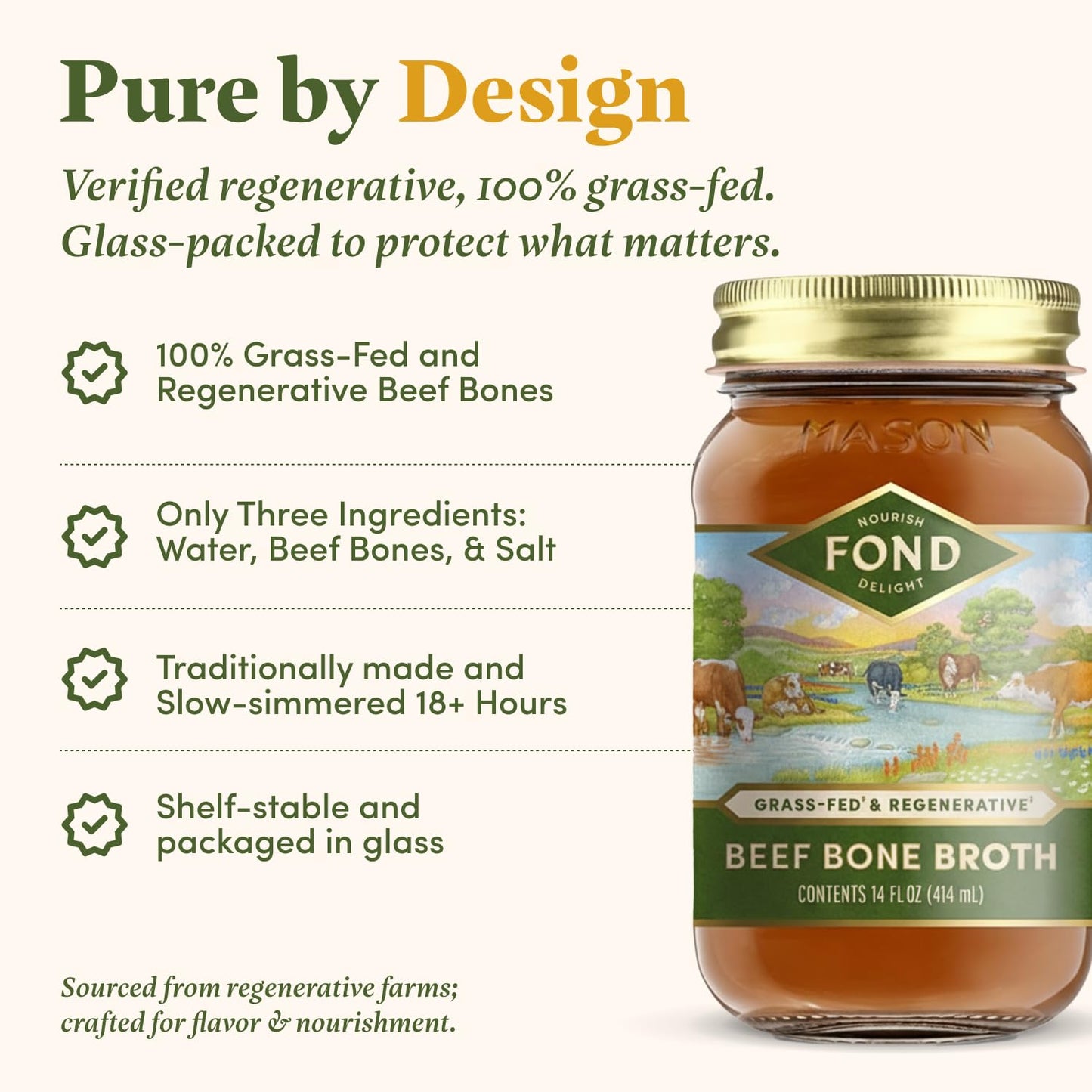 FOND Regenerative Grass Fed Beef Bone Broth - Slow-Simmered Beef Broth for Rich and Nourishing Flavor  Nutrient-Dense  Artisan Quality - Pure & Unflavored  14 oz (4-Pack)