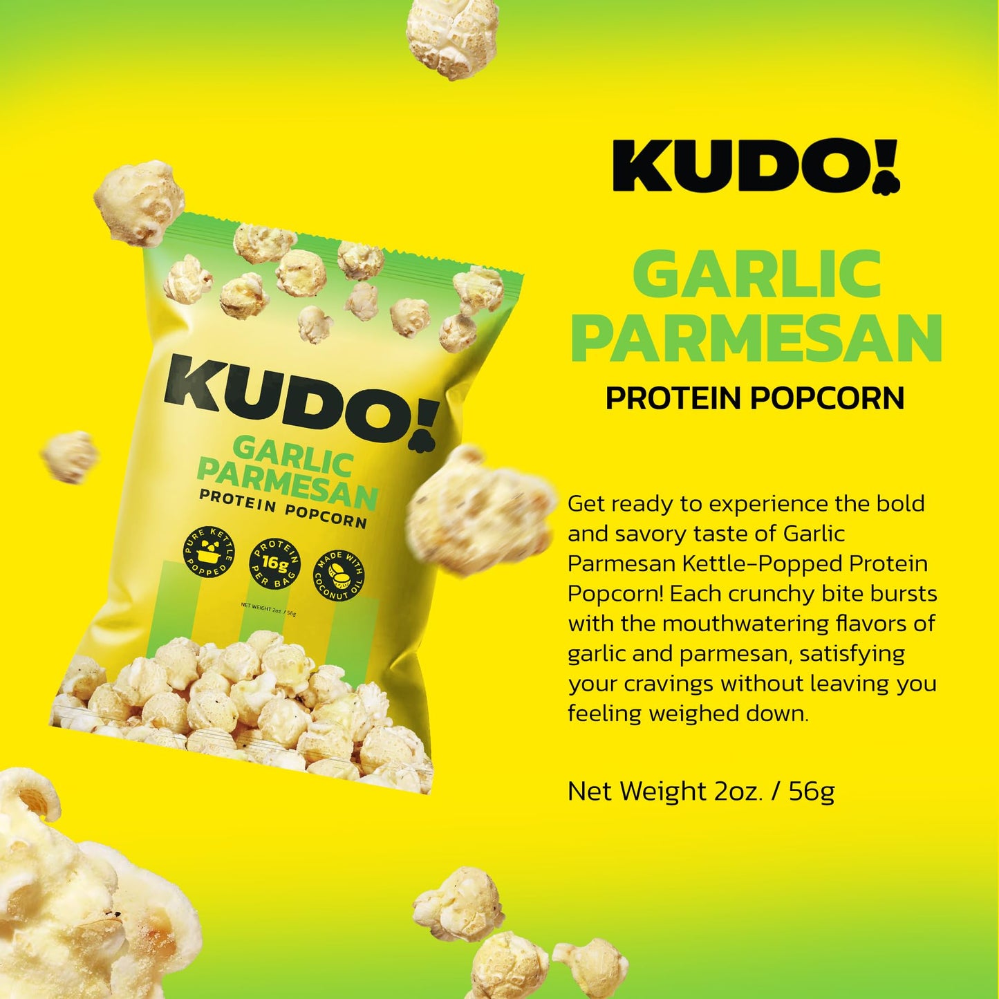 Kudo - Garlic Parmesan Kettle-Popped Protein Popcorn - Whole Grain, No Preservatives, No Artificial Flavors, Zero Trans Fat, Tas