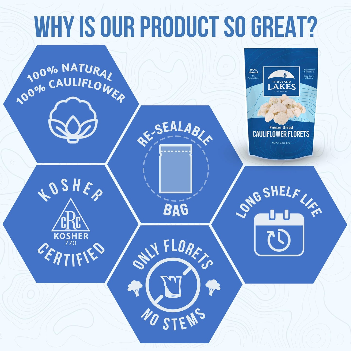 Thousand Lakes Freeze Dried Vegetables - Cauliflower Florets And Stems 2-Pack 0.8 Ounces (1.6 Ounces Total) | No Salt Added