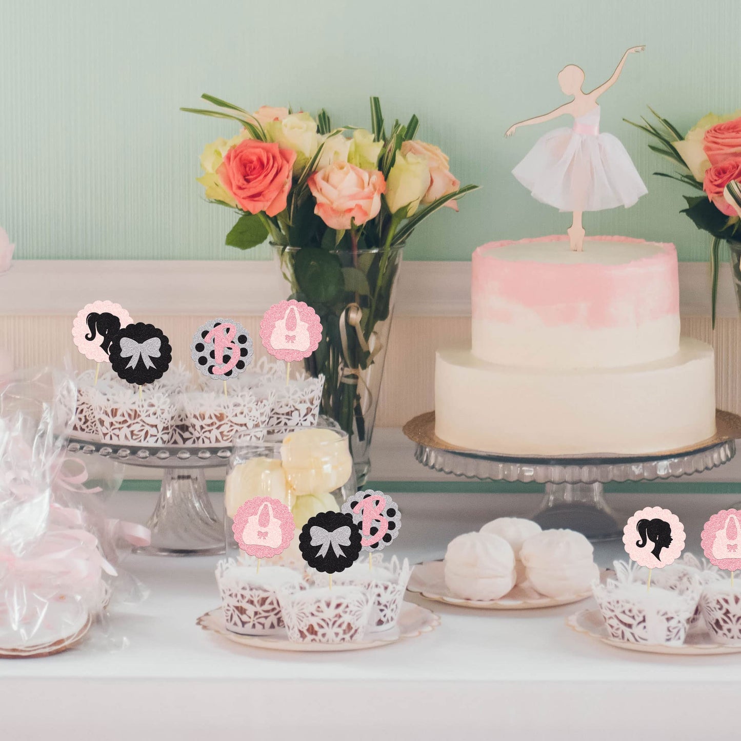 Gyufise 24Pcs Girl Cupcake Toppers Girl Bowknot Polka Dot Bag Cake Decorations Girl Toothpicks For Wedding Bridal Shower Decorat
