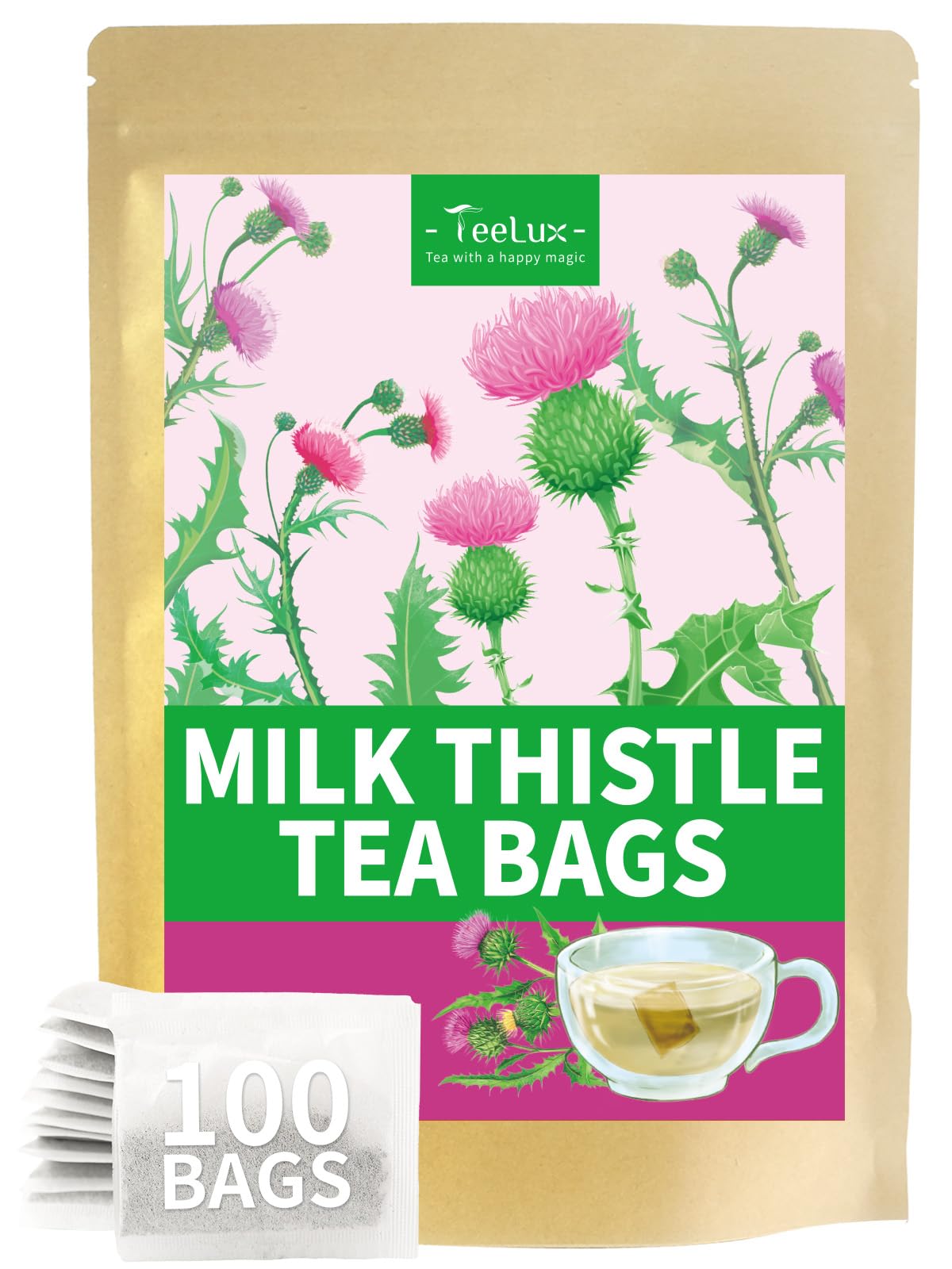Teelux Milk Thistle Tea Bags  Natural Milk Thistle Seed Tea  Mild & Mellow Taste  Energy Blend Free  100 Count