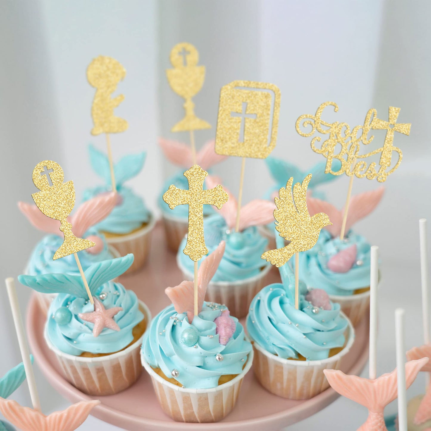 Gyufise Cupcake Toppers, 24Pcs Gold Glitter Cross and Dove, 1.3x4.9, Paper, Christian Baptism Baby Shower Birthday Party Decorations