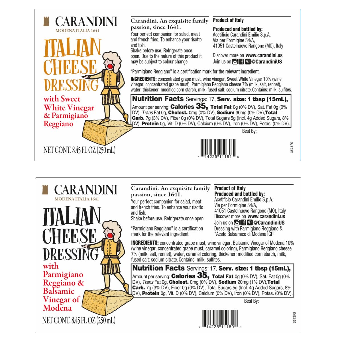Carandini Italian Cheese Dressing Duo Set -Sweet White Vinegar & Balsamic Vinegar Of Modena With Parmigiano Reggiano- 2X 8.45Fl