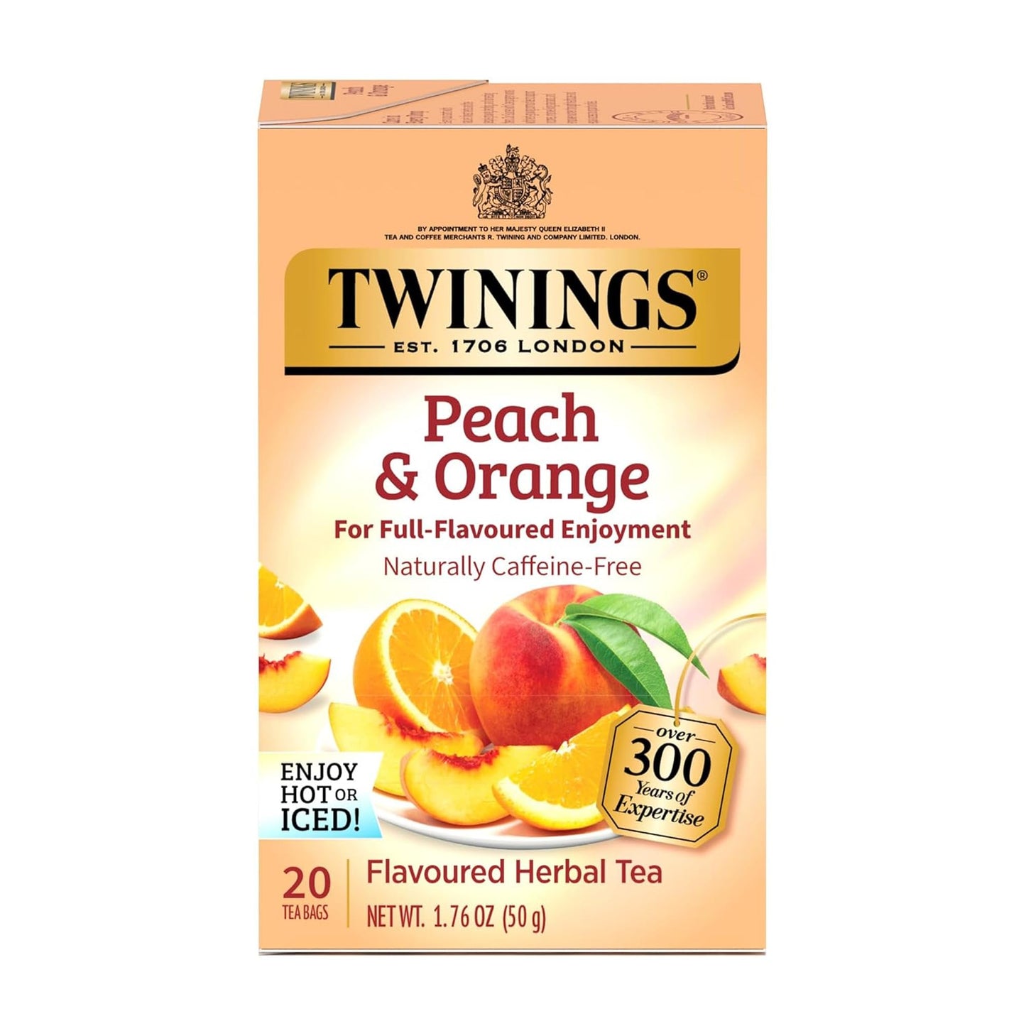 Twinings Herbal Tea, Peach & Orange, Caffeine-Free, 20 Teabags, Individually Wrapped, Enjoy Hot or Iced, 20 Count