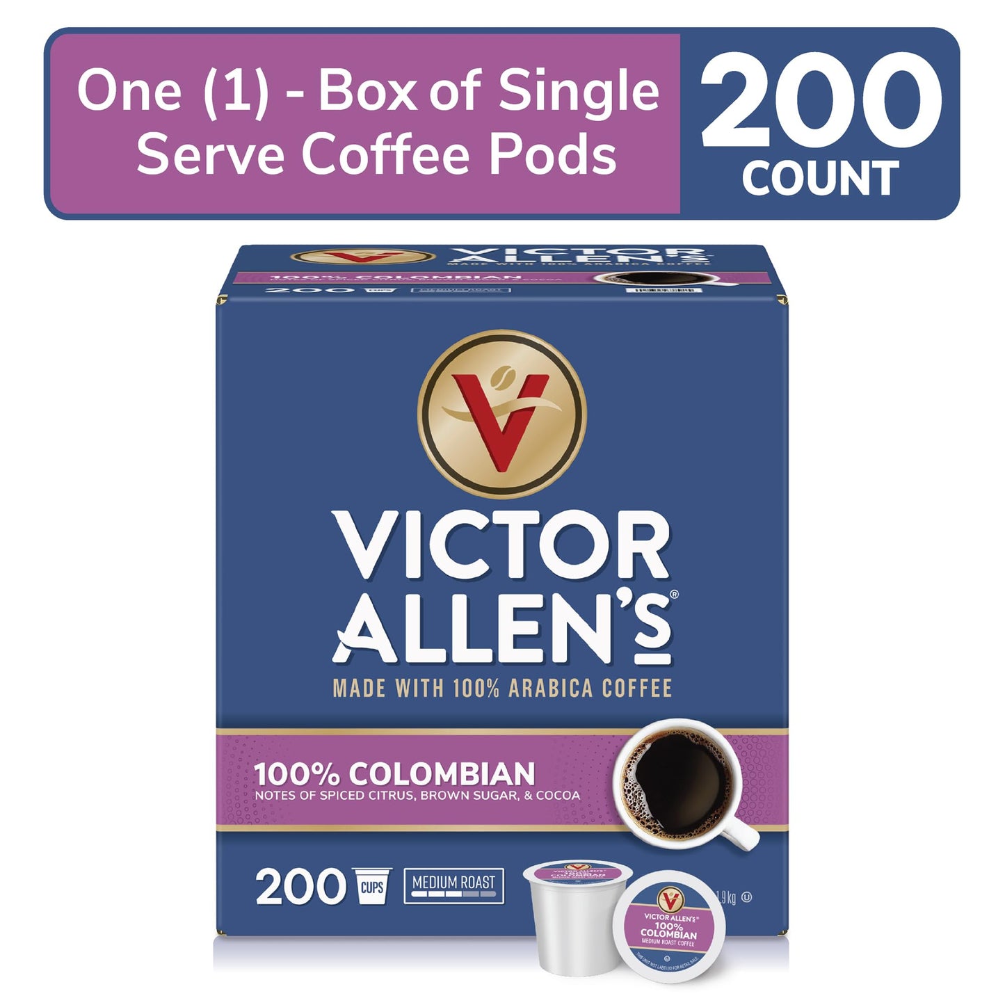 Victor Allens Coffee 100% Colombian Medium Roast Single Serve Pods, 200 Count, Compatible with Keurig K-Cup malt-inspired, Brown
