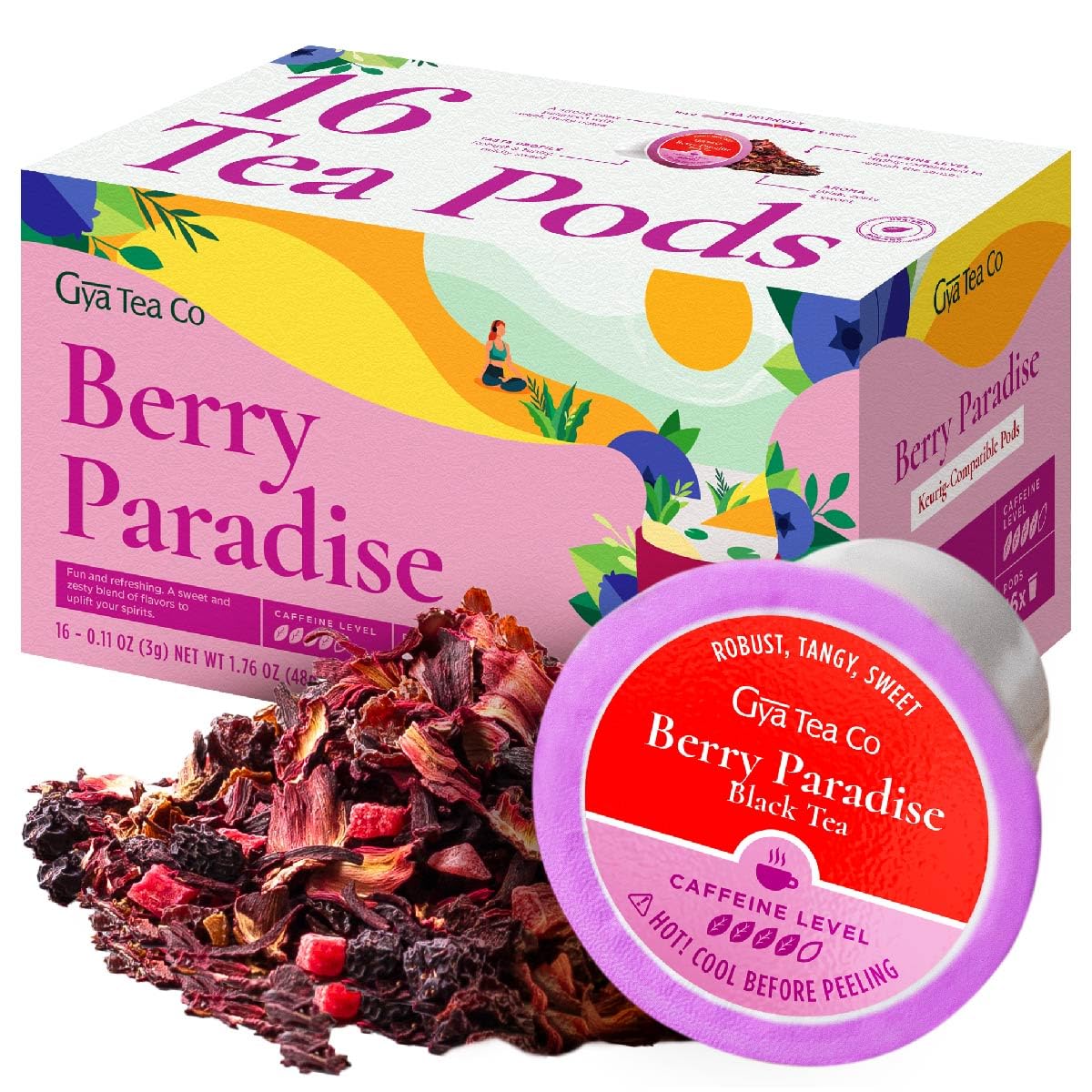 Gya Tea Co Berry Paradise Black Tea Pods - High Caffeinated, Fruity & Sweet, 16 Count