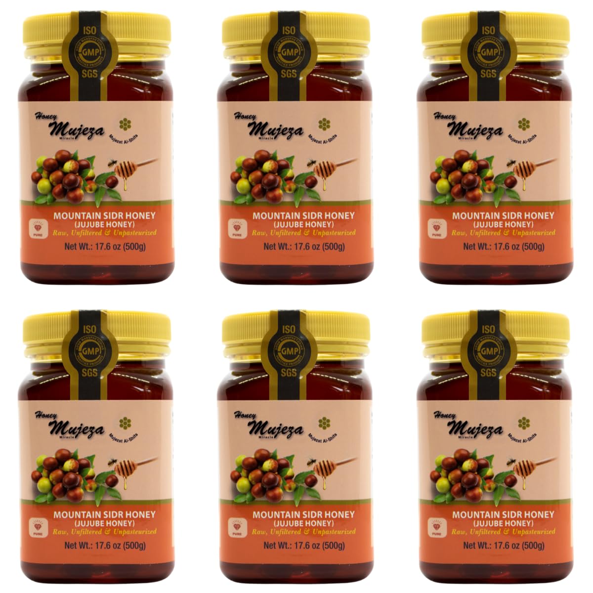 Authentic Mountain Sidr Honey - Jujube  Equal To Manuka Effectiveness Unheated Unfiltered Unprocessed 100% Natural Gluten Free Raw Liquid Honey (6 Jars 500G/17.6Oz)