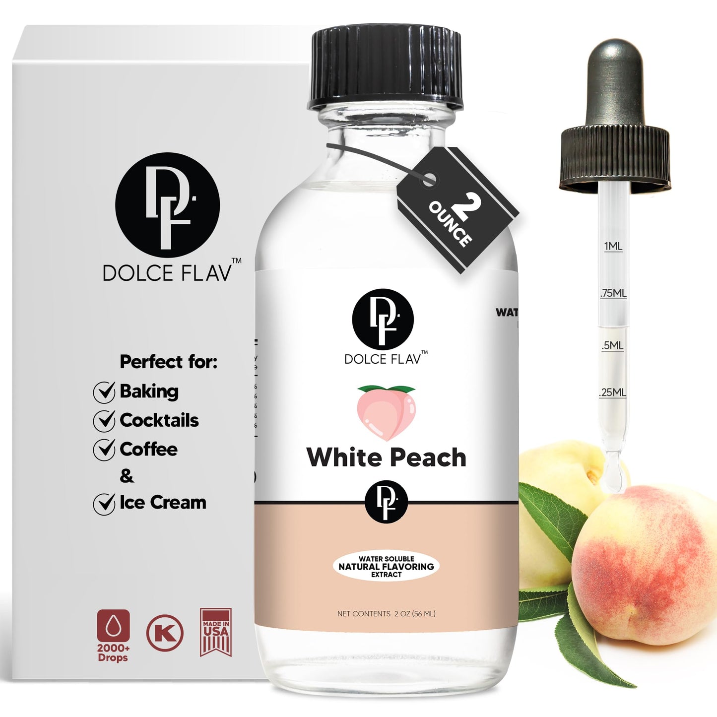 Dolce Flav Natural White Peach Extract - Concentrated Flavoring for Beverages, Desserts & Baking - 2 oz - Kosher, Sugar-Free