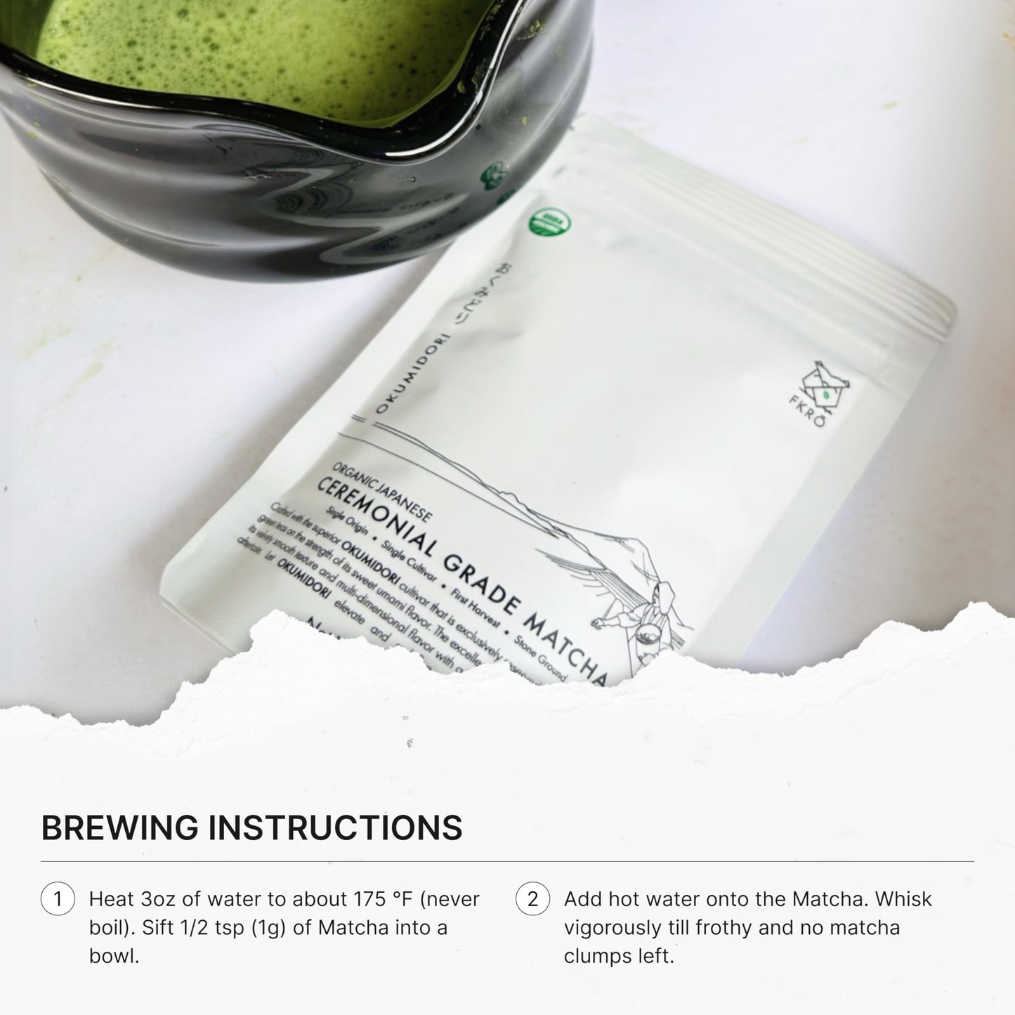 FKRO Organic Ceremonial Grade Matcha Green Tea Powder - 1st Harvest, Single Origin, Okumidori Cultivar - 30g Pouch