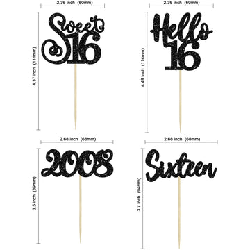 Gyufise 24Pcs Happy 16Th Birthday Cupcake Toppers Glitter Hello 16 Sweet 16 Cupcake Picks 2008 Sixteen Old Birthday Cake Decorat