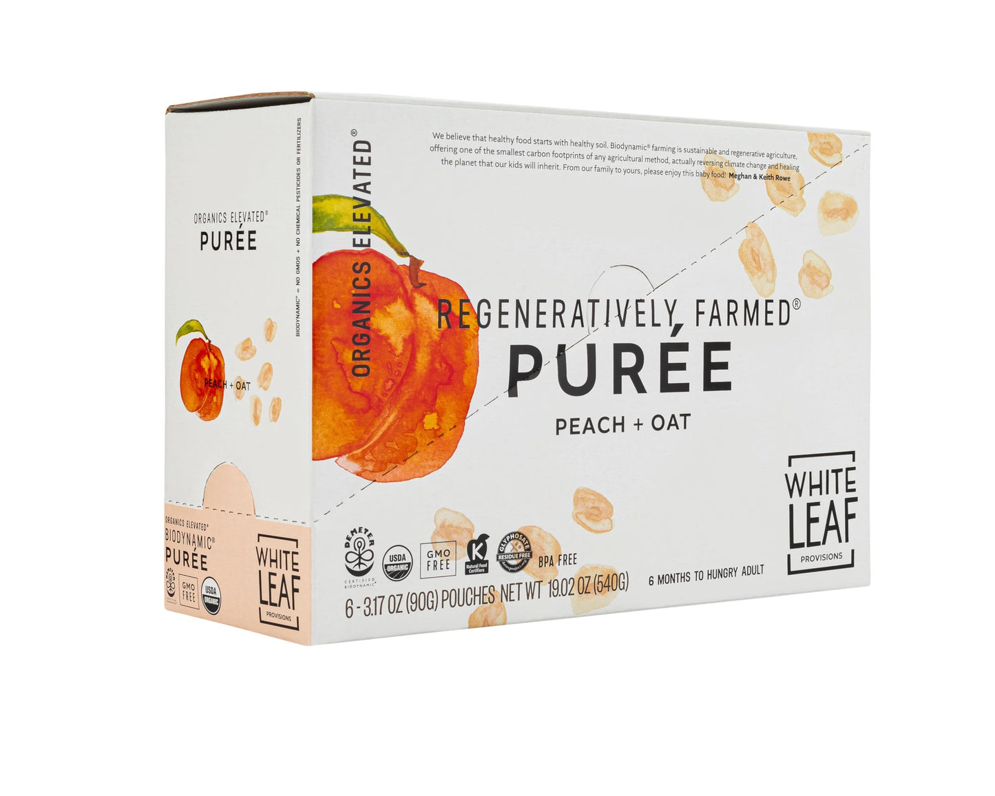 White Leaf Provisions Organic Purees/Baby Food Pouches - Fruits, Veggies & Grains, Toddler Snack, Regeneratively Farmed, No Added Sugar, Non-Gmo, Bpa-Free Pouches 3.17 Oz (Pack Of 24, Peach + Oat)