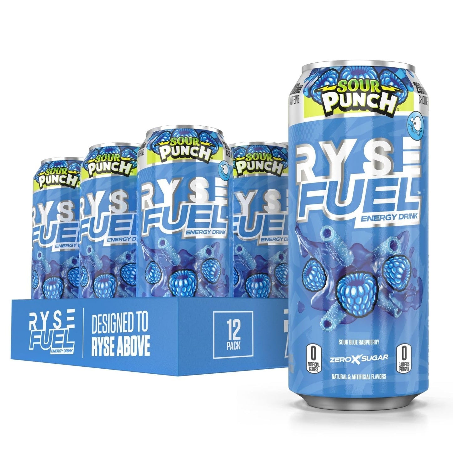 RYSE Fuel Energy Drink - Sour Punch Blue Raspberry - Sugar Free, Vegan - 200mg Natural Caffeine - 16 fl oz Cans (12-Pack)