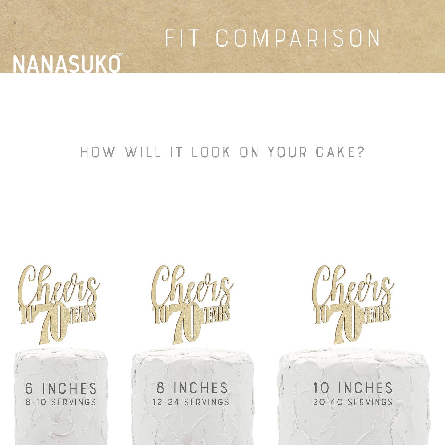 Nanasuko 70Th Birthday Cake Topper - Cheers To 70 Years - Double Sided Gold Glitter, Premium Quality Made In Usa