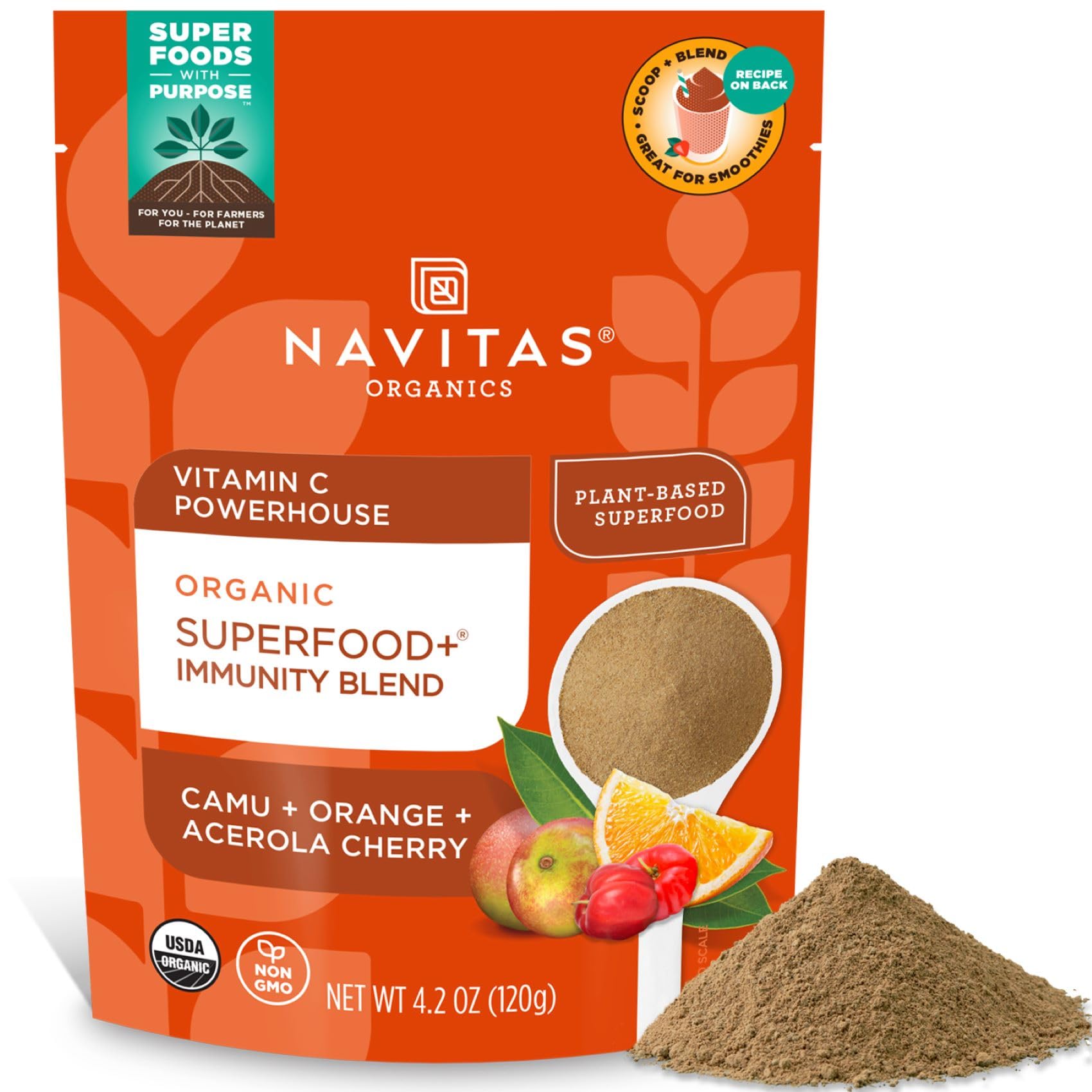 Navitas Organics Superfood+ Immunity Blend (Camu + Orange + Acerola Cherry), 30 Servings - Organic, Non-GMO, Vegan, Gluten-Free,