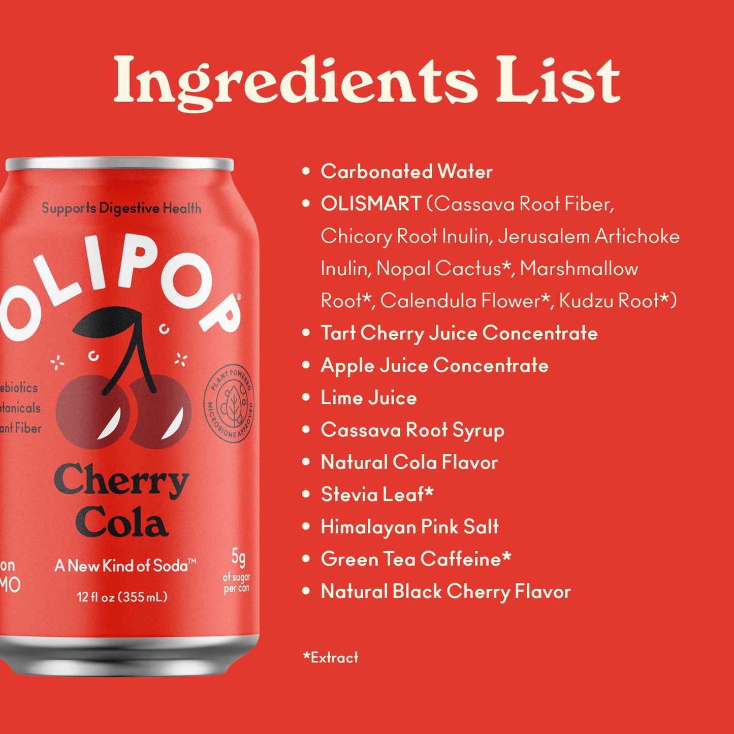 OLIPOP Prebiotic Soda Pop, Cherry Cola, Prebiotics, Botanicals, Plant Fiber, 12 fl oz can