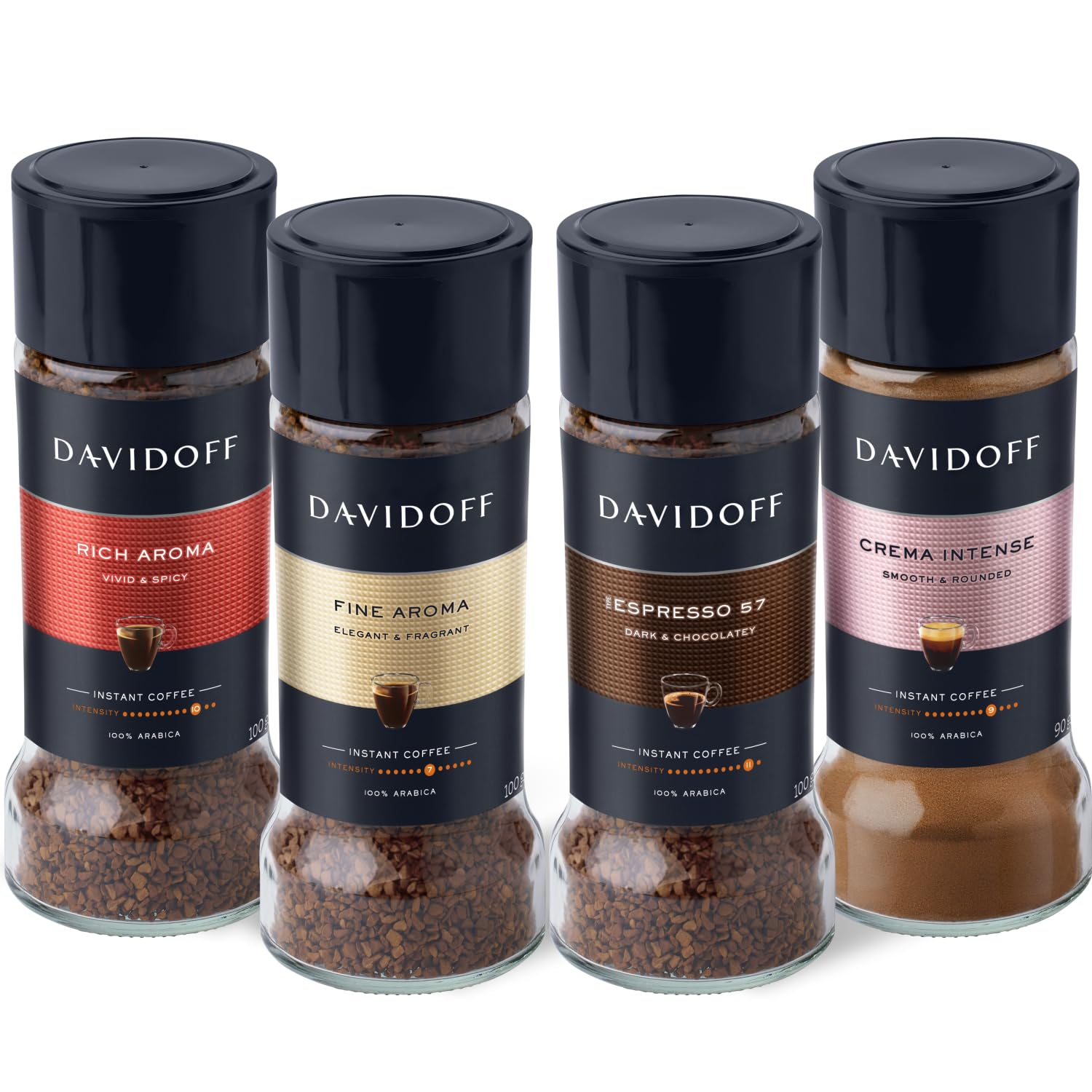 DAVIDOFF Instant Coffee Quartet - Rich Aroma, Fine Aroma, Espresso 57 and Crema Intense Bundle - 100% Arabica Beans - Rich Spice