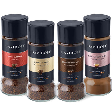 DAVIDOFF Instant Coffee Quartet - Rich Aroma, Fine Aroma, Espresso 57 and Crema Intense Bundle - 100% Arabica Beans - Rich Spice