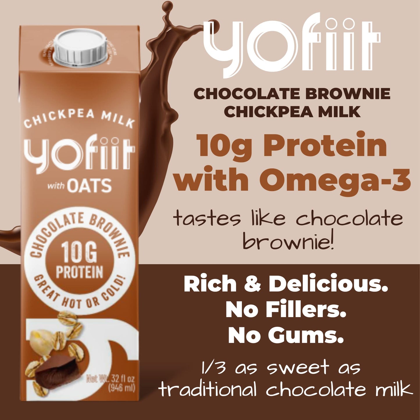 Yofiit Chocolate Brownie Non Dairy Milk - Delicious Vegan Chocolate Milk - 10G Protein & Less Sugar, Shelf Stable Milk With Oats