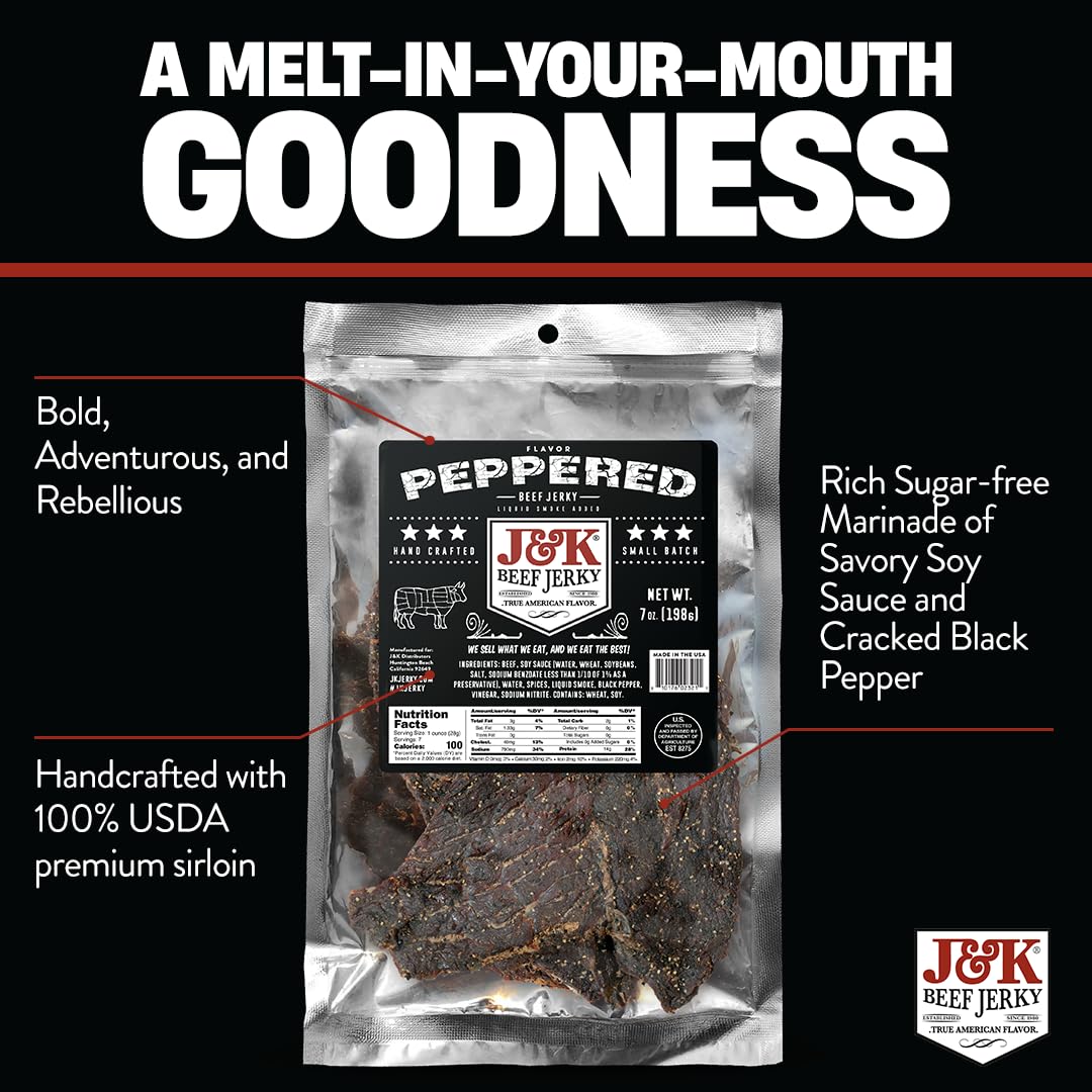 J&K Jerky Small Batch Handcrafted Beef Jerky (7Oz, Peppered)