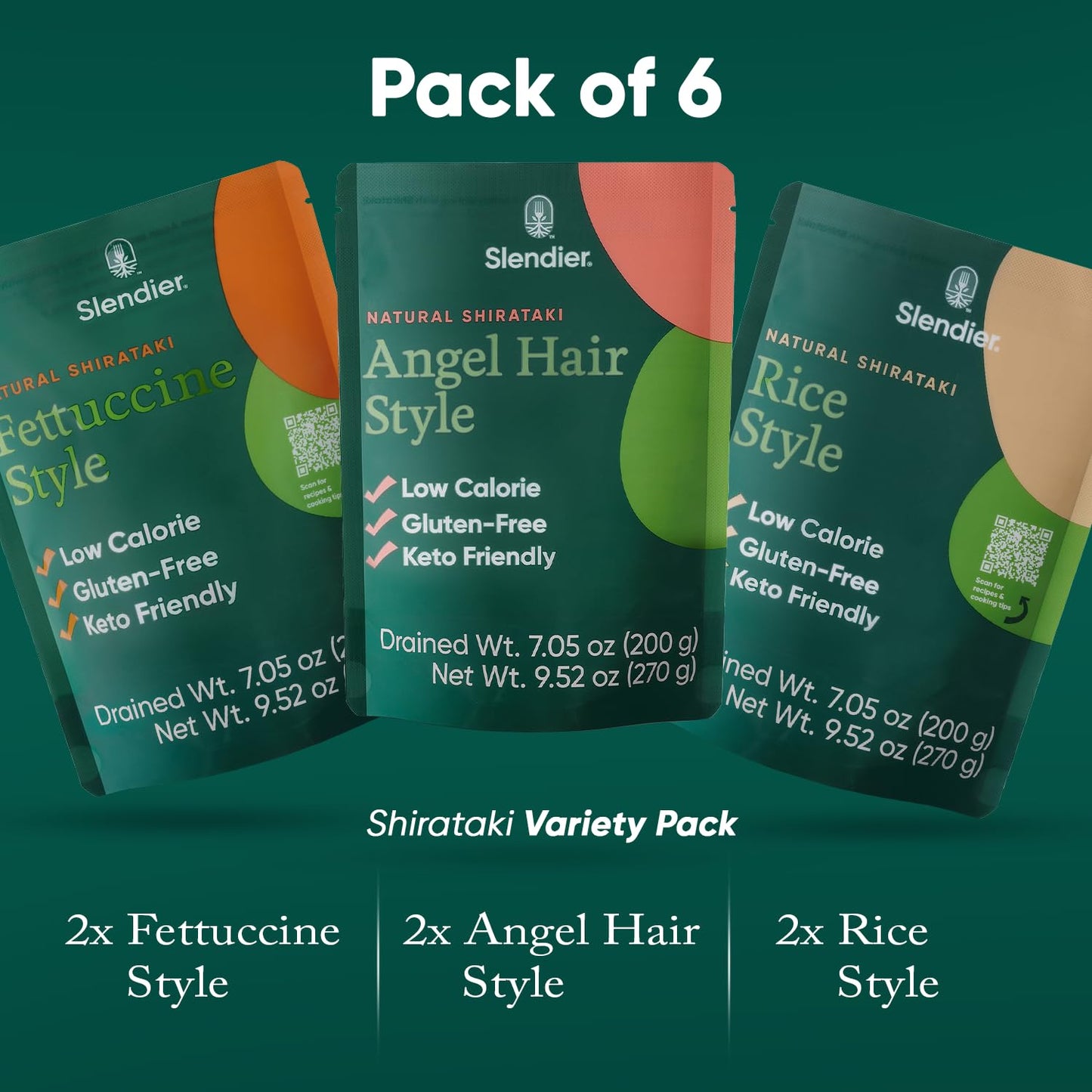 Slendier - Shirataki Variety Pack Of 6 | Low Carb Pasta | Fettuccine Noodles | Shirataki Rice | No Artificial Flavors |10 Calori