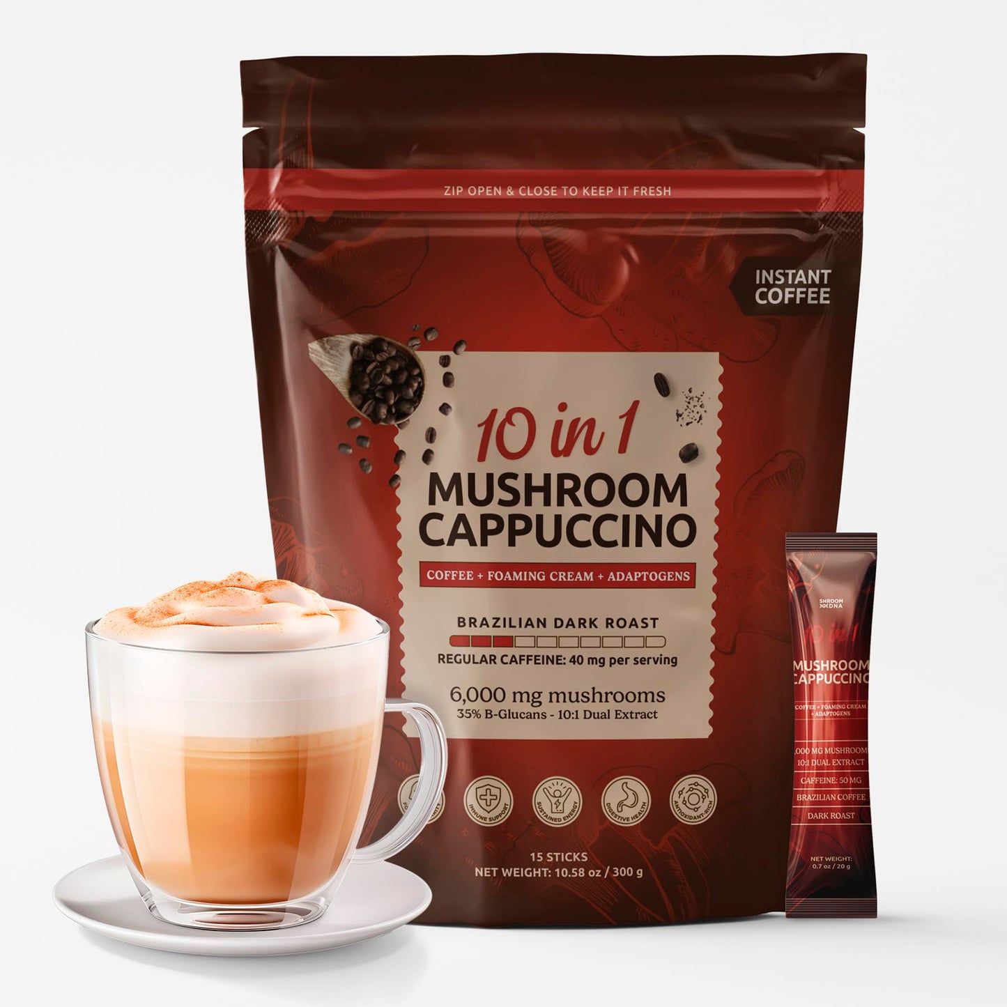 MATCHA DNA 10-in-1 Instant Mushroom Coffee Cappuccino - Brazilian Dark Roast, 10.58 Ounce, 15 Packets, Serve Hot or Iced