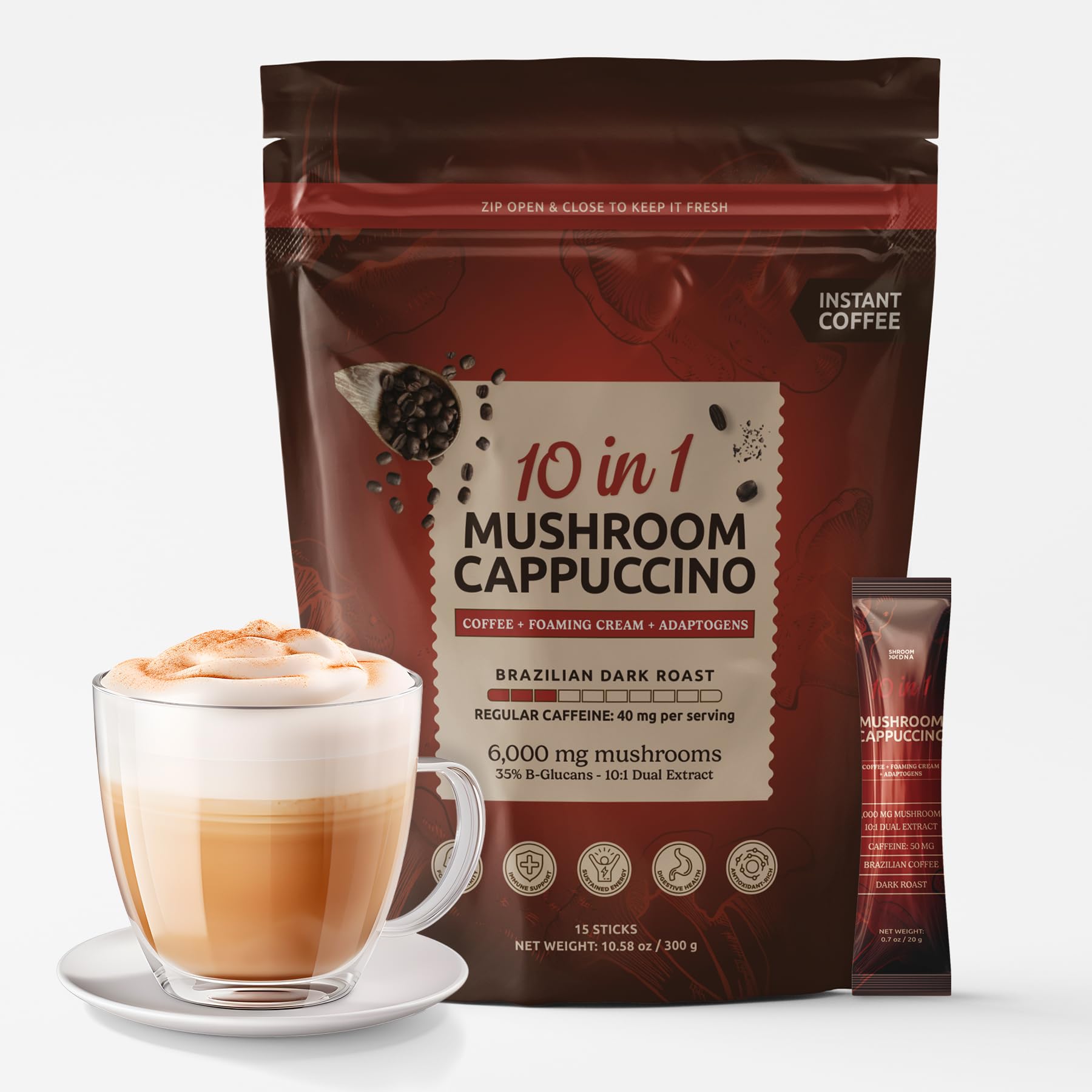 MATCHA DNA 10-in-1 Instant Mushroom Coffee Cappuccino - Brazilian Dark Roast, 10.58 Ounce, 15 Packets, Serve Hot or Iced