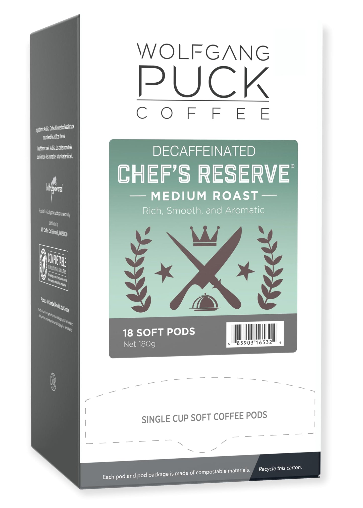 Wolfgang Puck Decaf Coffee Soft Pods, 18 Count Pack of 6, Chefs Reserve, 9.5 Gram