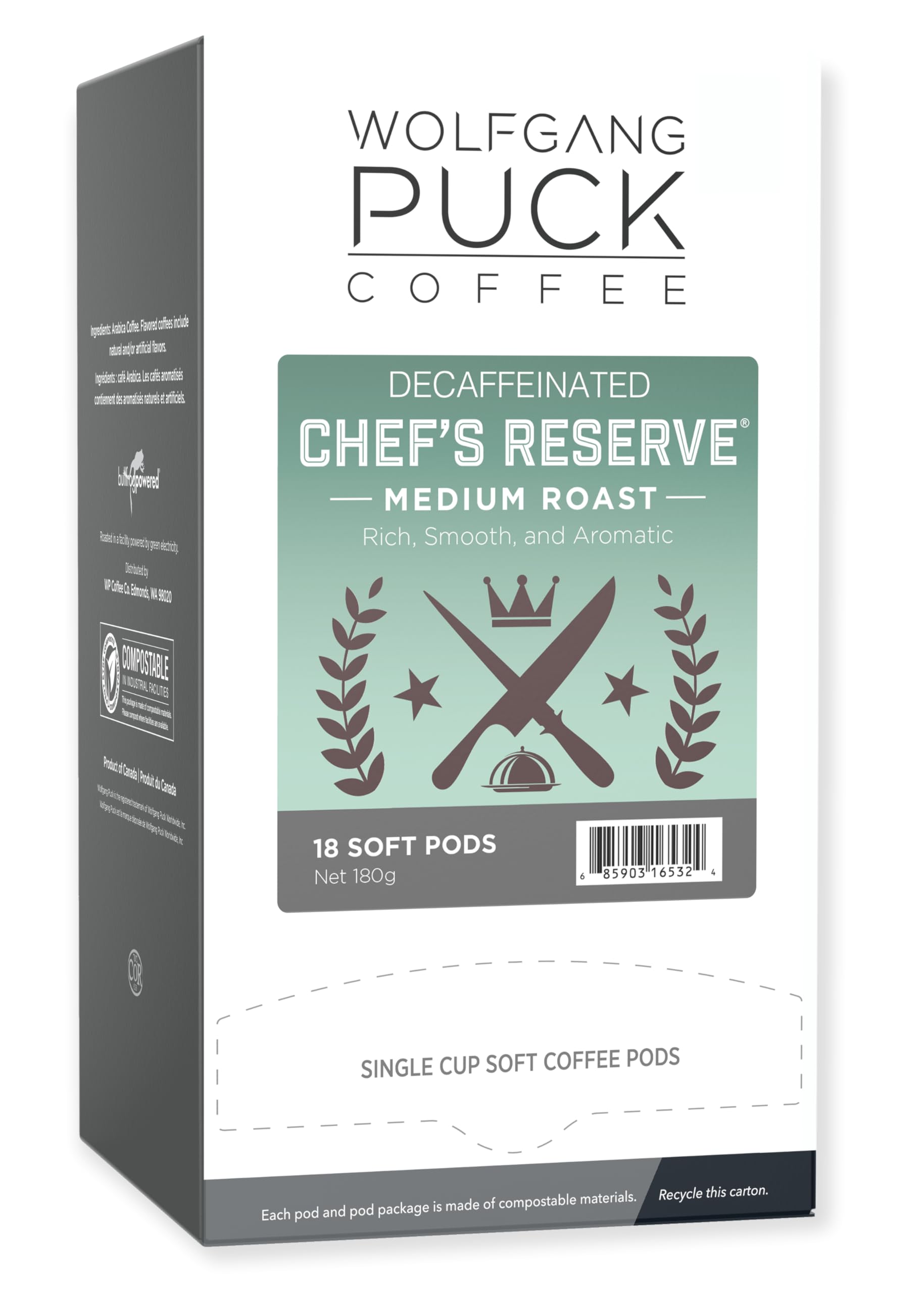 Wolfgang Puck Decaf Coffee Soft Pods, 18 Count Pack of 6, Chefs Reserve, 9.5 Gram