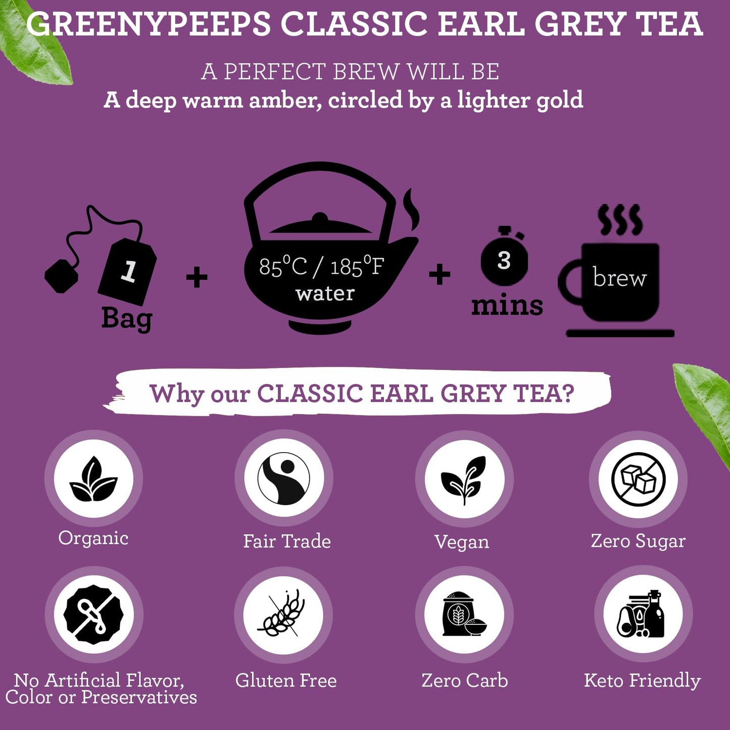 Greenypeeps Organic Earl Grey Tea Bags - Classic Earl Gray Tea Recipe With Ceylon Uva And Assam Black Tea Plus Bergamot - Fairtr