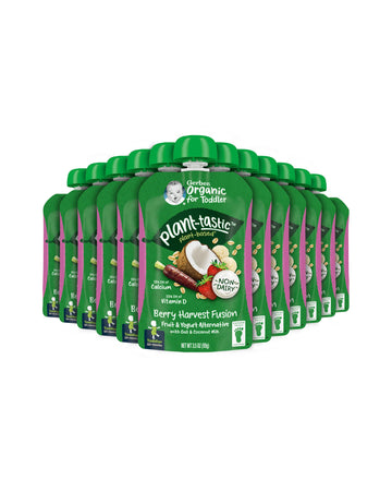 Gerber Organic Baby Food Pouches, Toddler, Plant-Tastic, Berry Harvest Fusion, Fruit & Yogurt Alternative With Oat & Coconut Mil