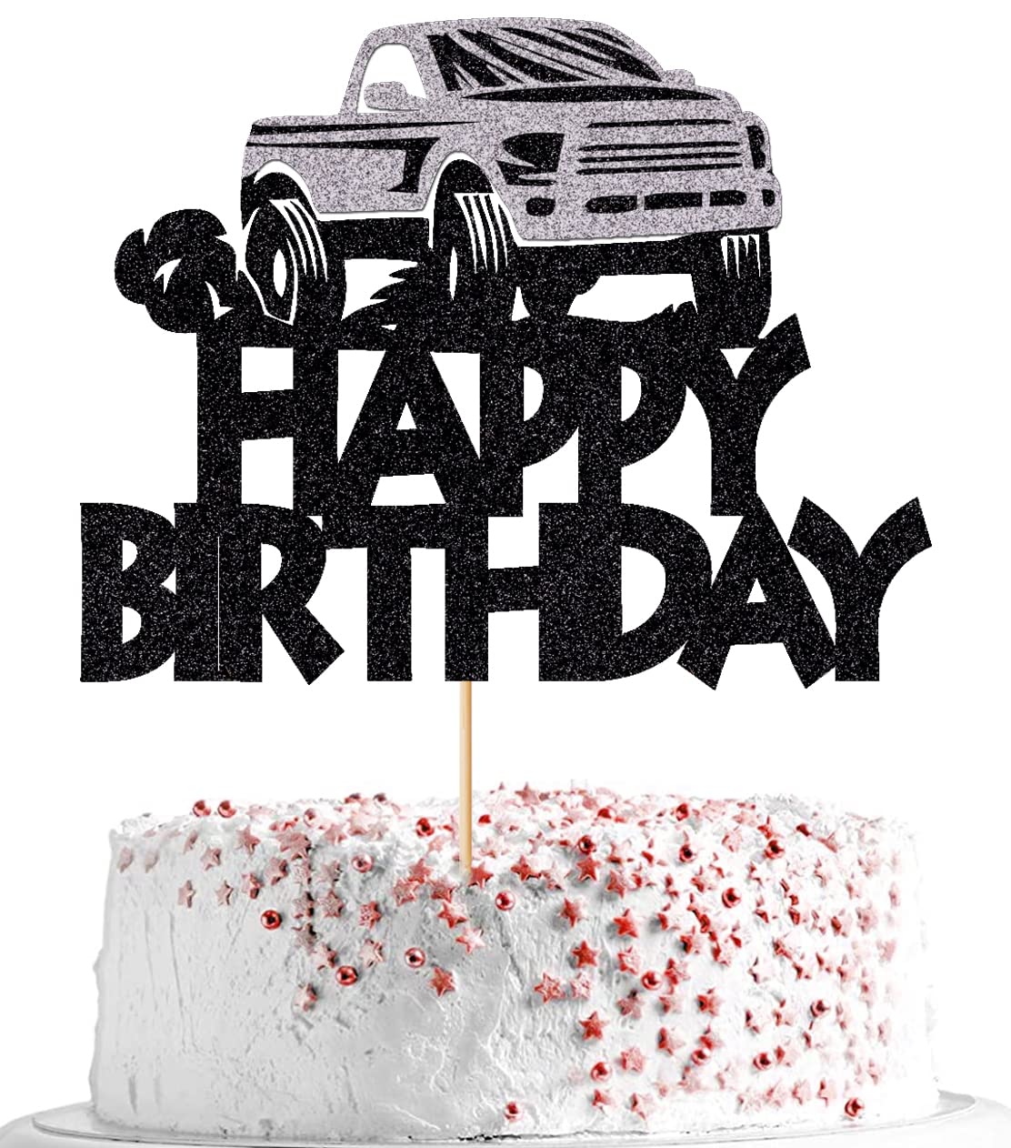 Qerleny Black Glitter Pickup Truck Cake Toppers, Pickup Truck Happy Birthday Cake Toppers Farm Pickup Truck Party Cake Party Dec
