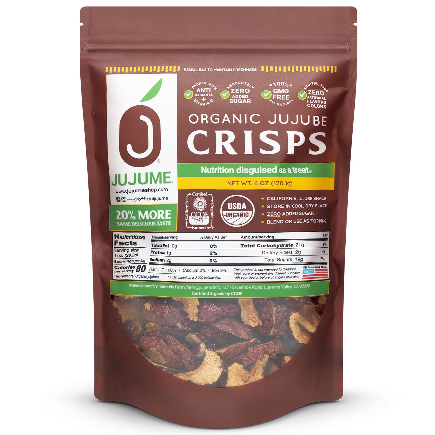 Usda Organic California Grown Pure Jujube Product | Jujume Crisps | Sweet Jujube Chips | Zero Added Sugar Or Preservatives | All-Natural Healthy Snack | 1-Pack 6 Oz. Bag
