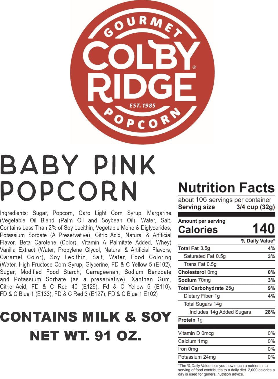 Colby Ridge Gourmet Craft Popped Gluten Free Popcorn Bulk Sized Large Gift Party Bags (Bulk 5 Gal. 80 Cups) (Baby Pink)