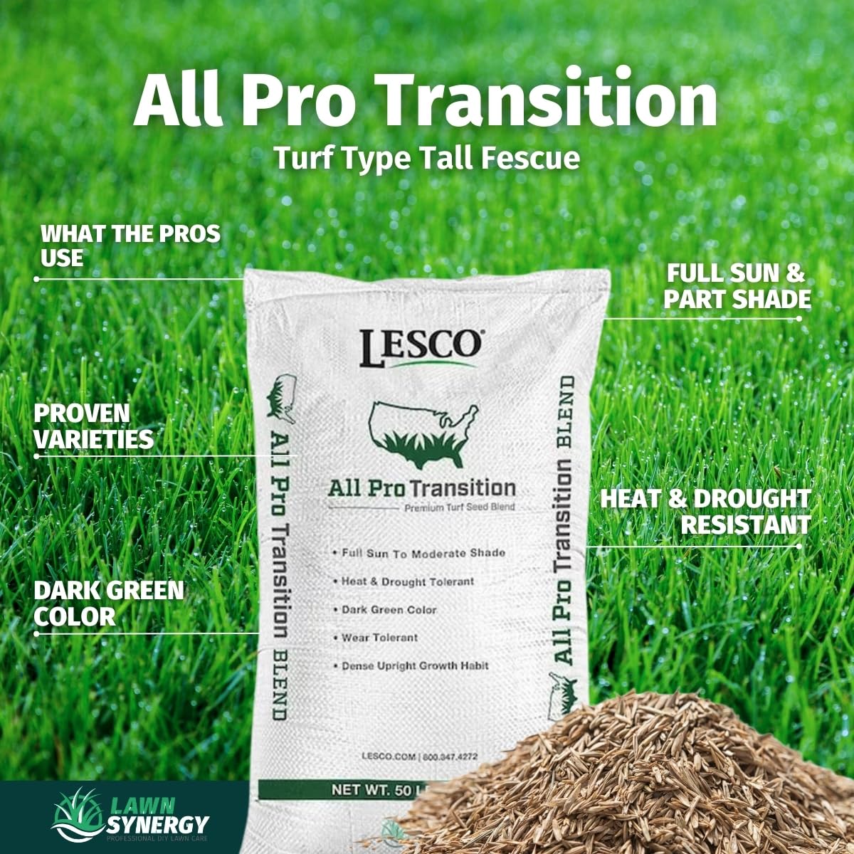 Lawn Synergy Lesco All-Pro Tall Fescue Grass Seed, 50 lbs - Drought-Tolerant, Heat & Shade Resistant, Insect-Resistant, Green