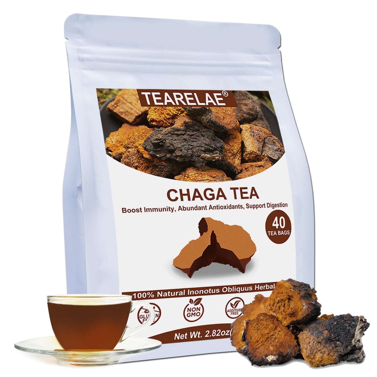 TEARELAE Chaga Tea - 100% Pure Natural Mushroom Tea Bags - Additive-Free - 40 Count - Non-GMO - Immunity Support