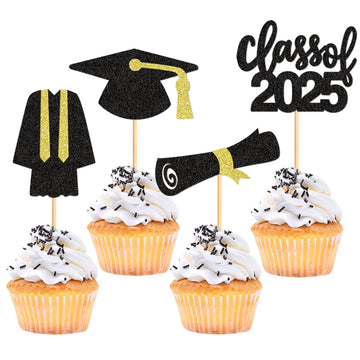 24 Pack 2025 Graduation Cupcake Toppers Class Of 2025 Graduation Uniform Graduate Graduation Hat Cupcake Picks for 2025 Graduati