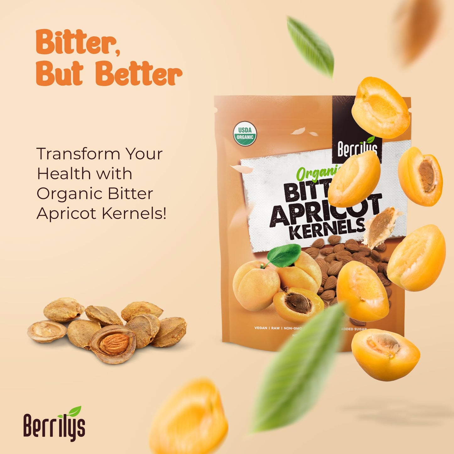 Berrilys Organic Bitter Apricot Kernels - Non-GMO, No Additives - 10 oz