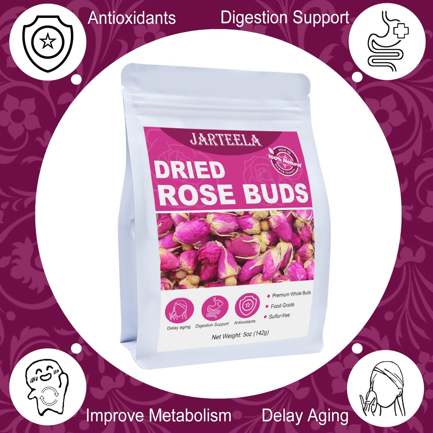 Jarteela Premium Dried Rose Buds - Natural Non-GMO Red Rosebud Flowers - 5oz/142g - Perfect for Tea, Baking, DIY Candle/Soap
