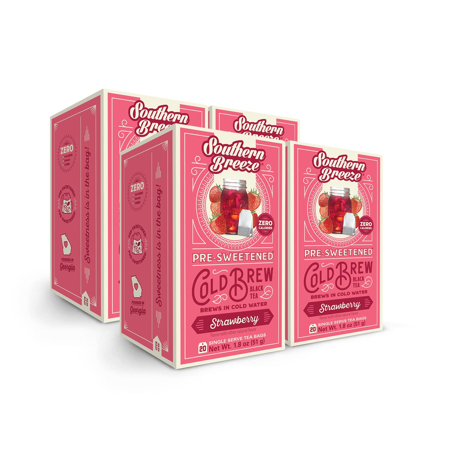 Southern Breeze Cold Brew Sweet Tea Strawberry Iced Tea With Black Tea And Zero Carbs Zero Sugar, 20 Individually Wrapped Tea Bags, Pack Of 4