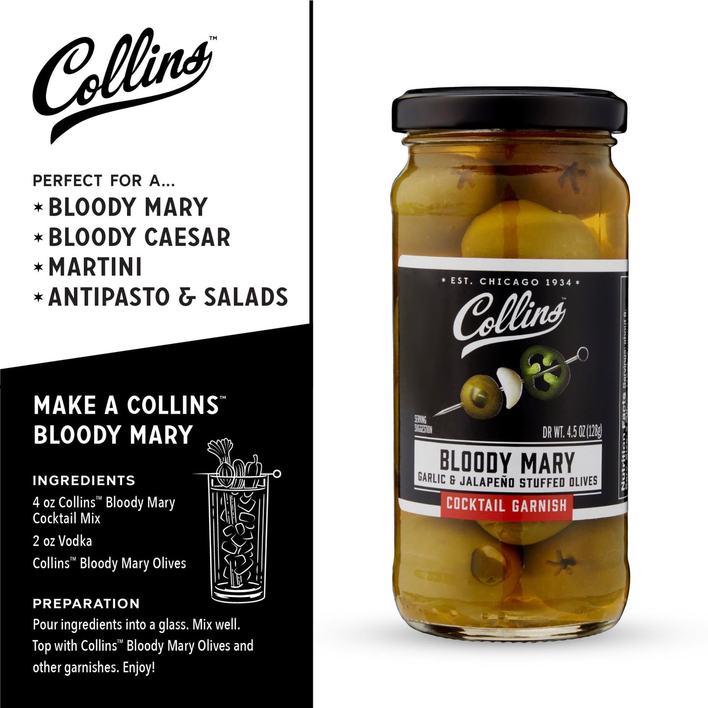 Collins Jalapeno Garlic Stuffed Cocktail Olives, Gourmet Martini Garnish, 4.5 oz, Model 6128